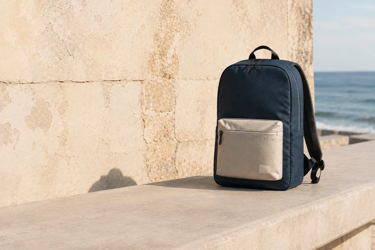 The same slate-blue backpack on a sunlit coastal bench