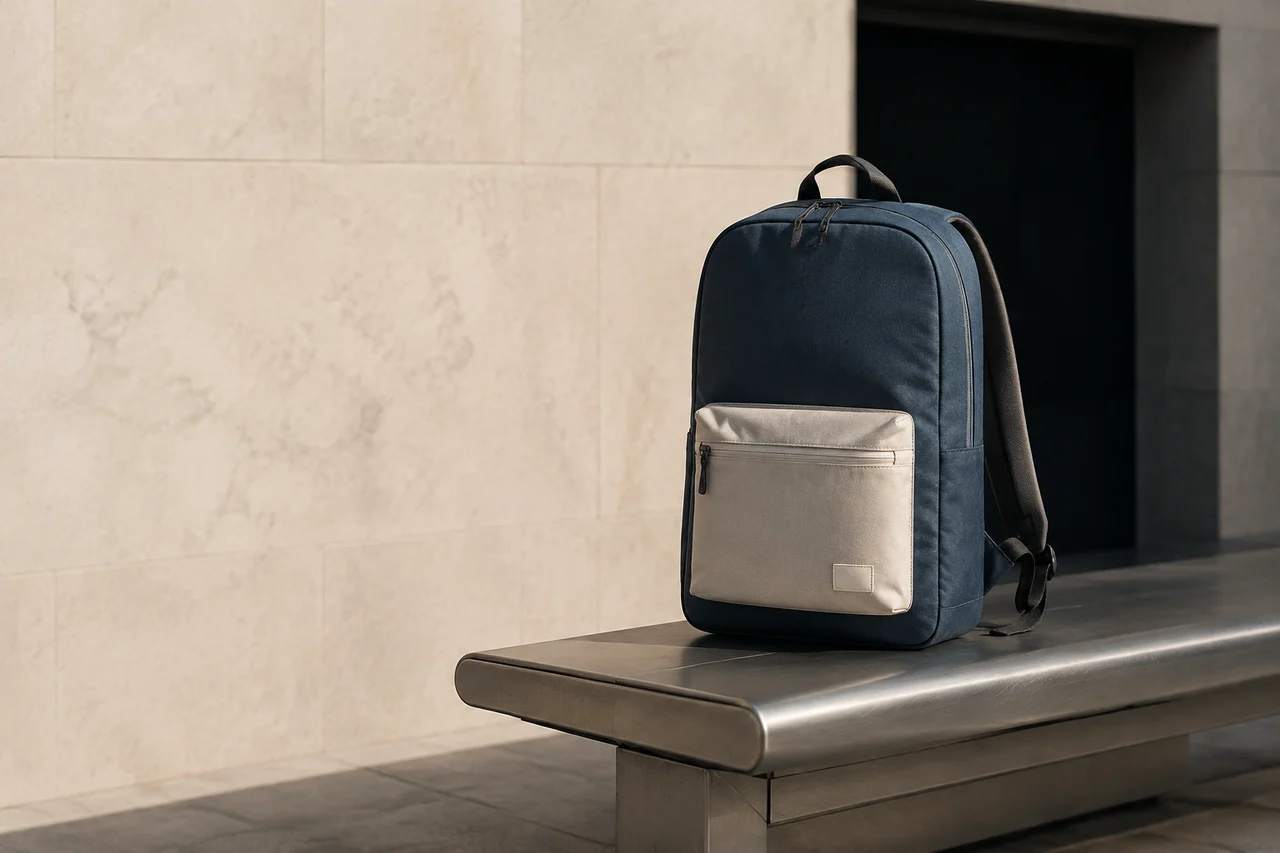 A slate-blue backpack on a station bench in morning light