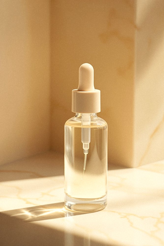 Perennial daily serum bottle on warm stone in morning light